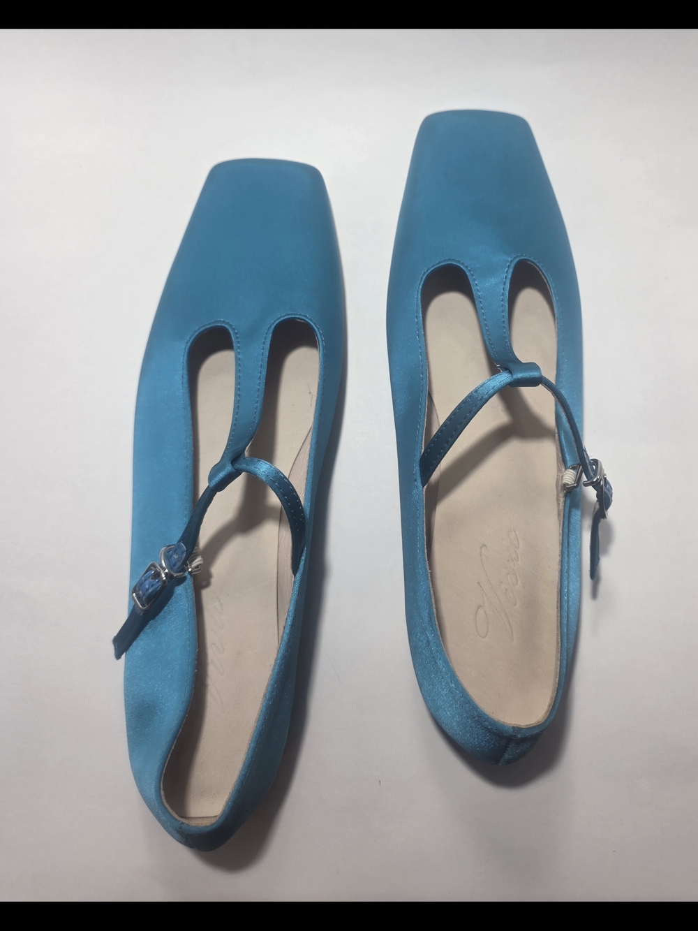 Vivic Blue Satin Mary Jane Flats Size 6/6.5 Adjustable Strap Square Toe Shoes